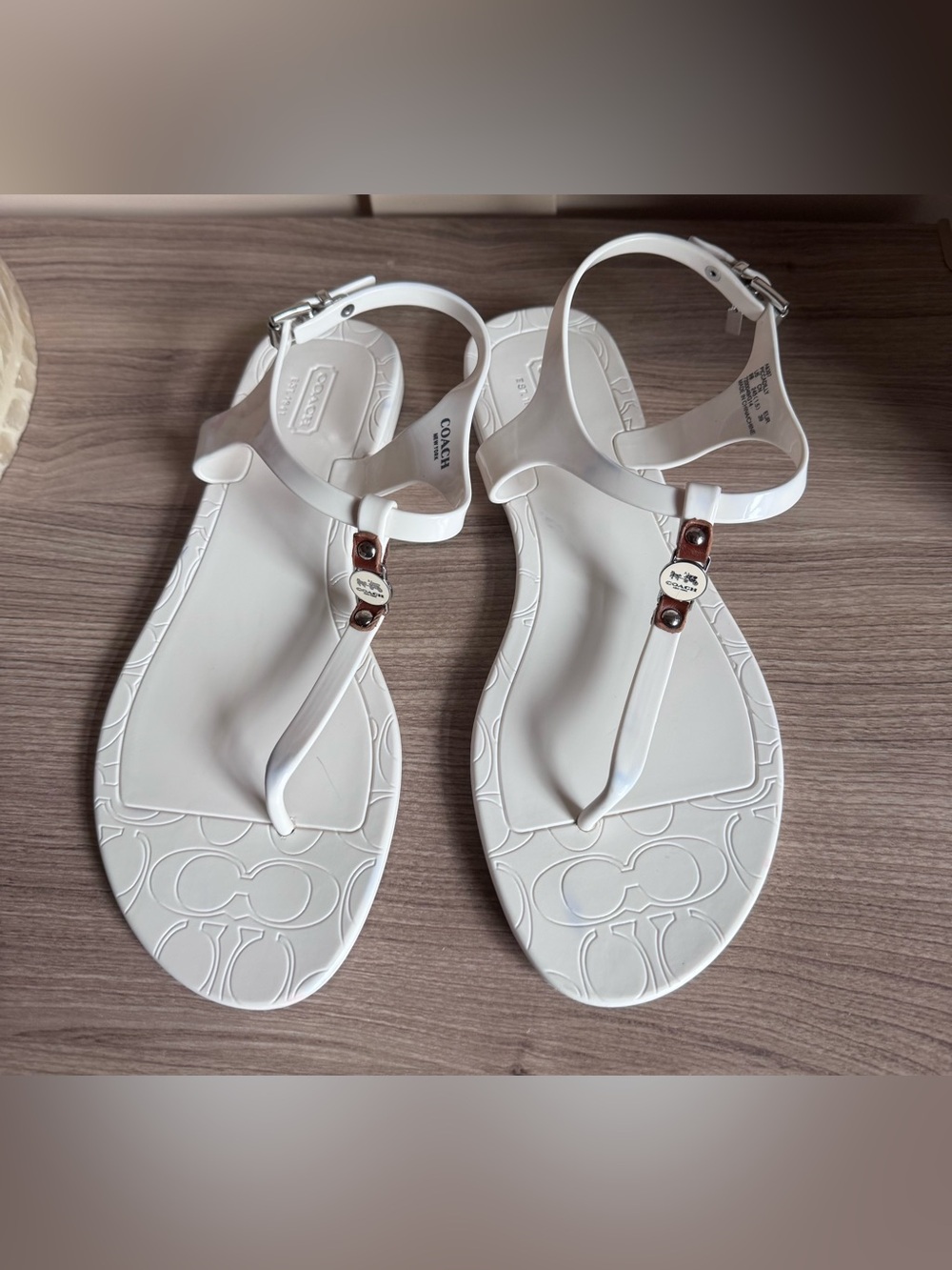 Coach White "Piccadilly" Rubber Thong T-
Strap Sandals, Size 9”